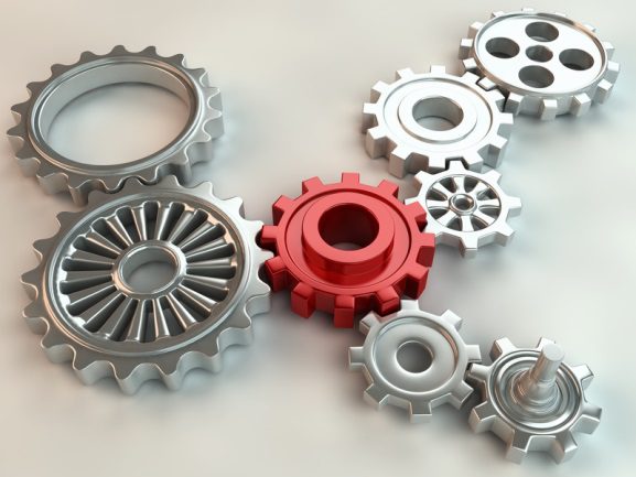 Animated silver cogs and 1 red cog